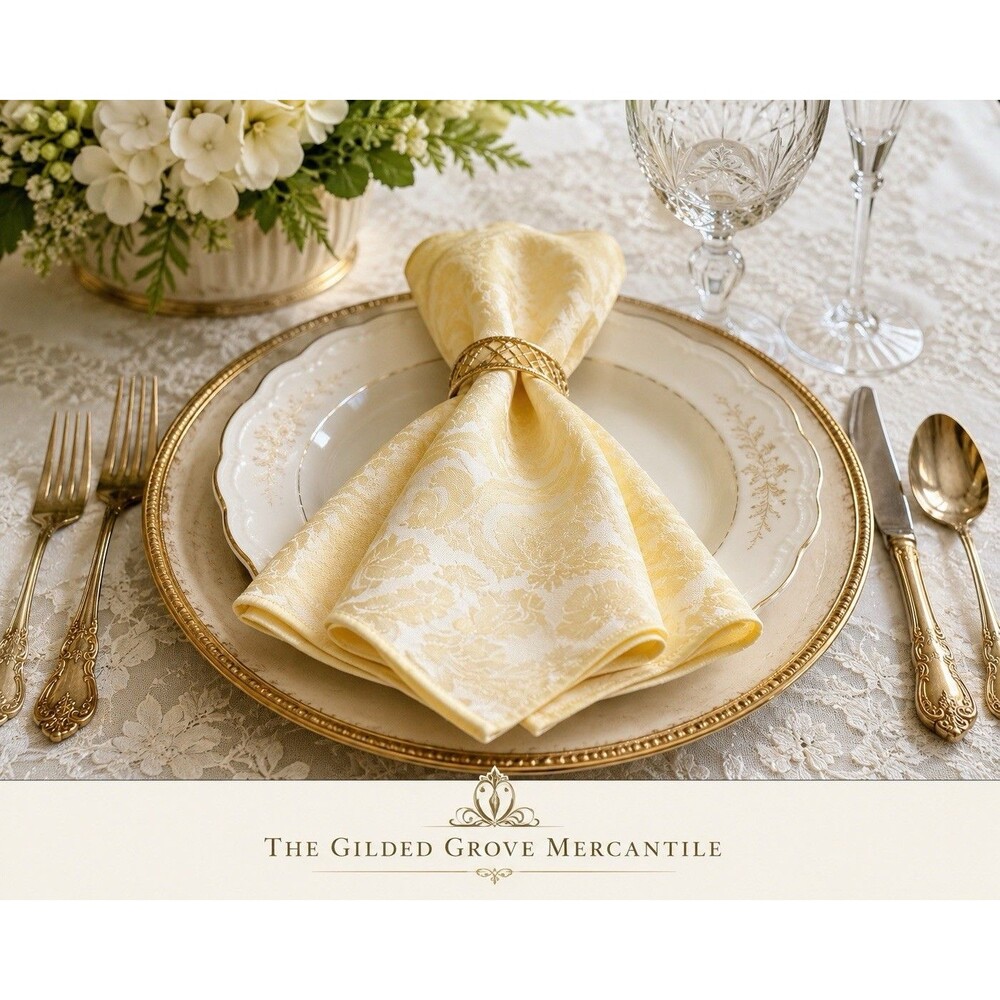 Vintage Set of 6 Yellow Damask Cloth Napkins Floral Jacquard 16” Table Linens